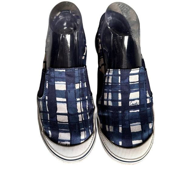 Coach Women’s Kaycee Poppy Blue White Check Plaid Slip On Casual Shoes 7 - Picture 1 of 12